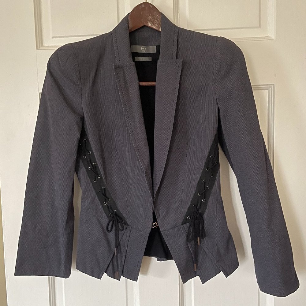 Alexander McQueen Navy Blue + White Pinstripe Fitted Cotton Blazer Jacket Sz 40